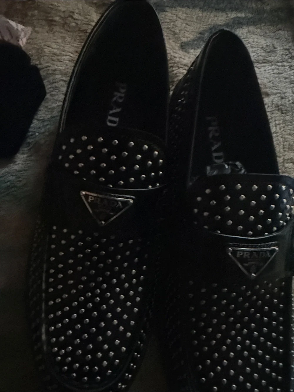 Prada Black Studded Leather Slip-On Loafers